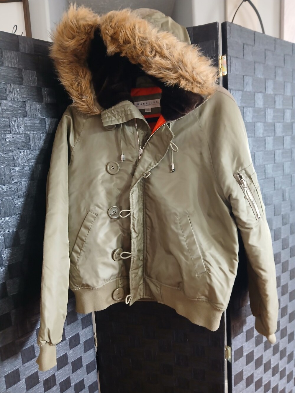 Maurices Olive Green Bomber Jacket with Faux Fur Hood Military Vintage Y2K